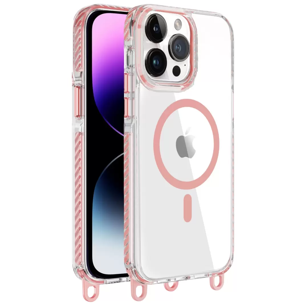 iPhone 14/iPhone 13 Magsafe Clear Two Tone Case with Lanyard Pink