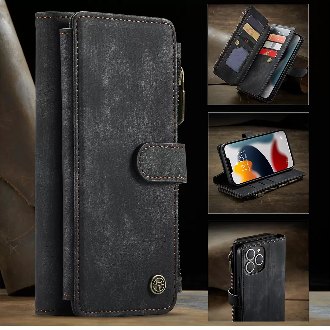 iPhone 15/iPhone 14/iPhone 13 Luxury Wallet with Zipper Case Black