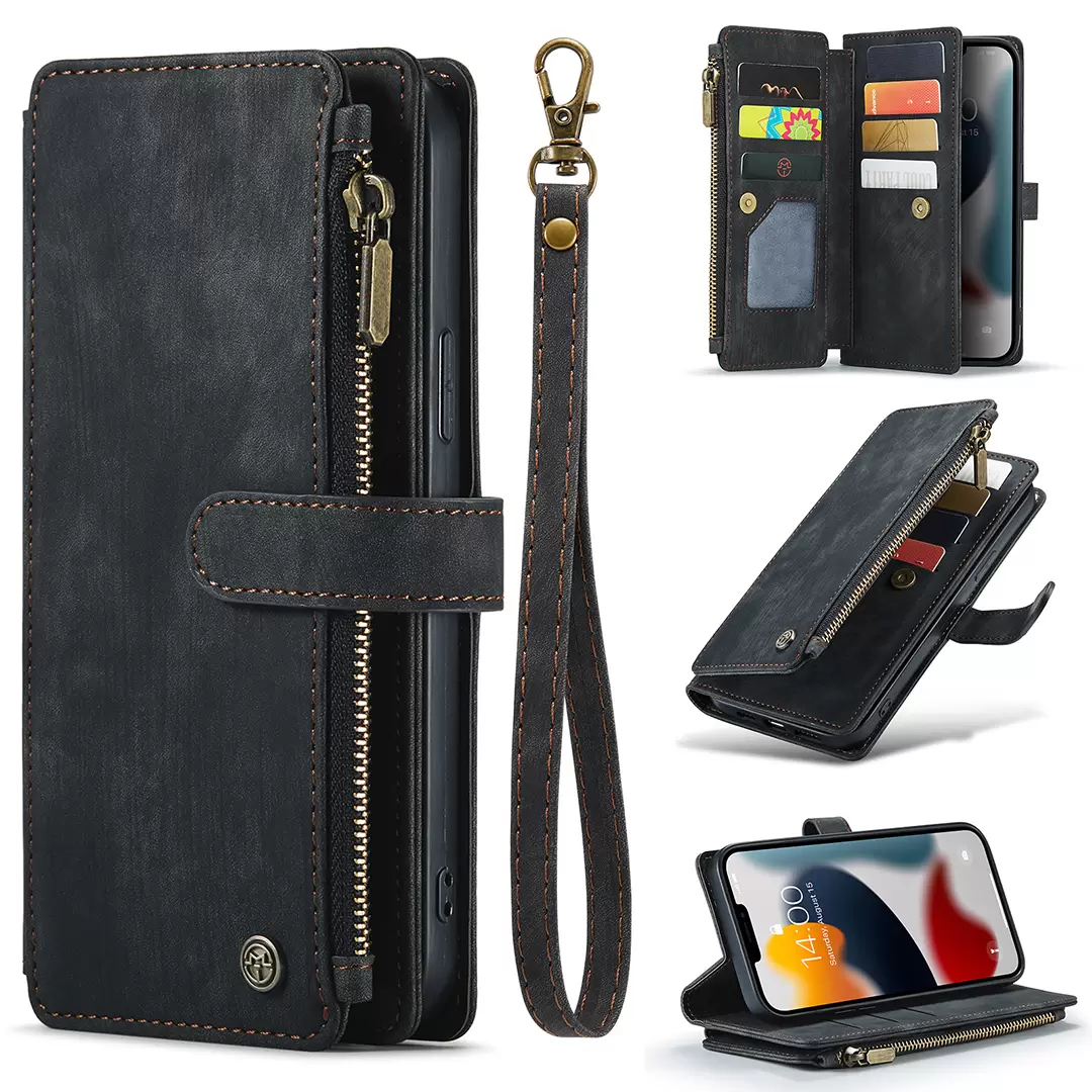 iPhone 15/iPhone 14/iPhone 13 Luxury Wallet with Zipper Case Black